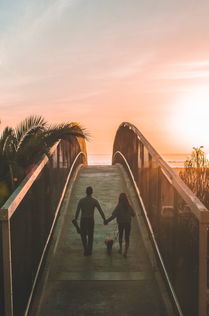 A man and a woman are holding hands and walking a dog. They are crossing a bridge toward the sunset and the sky is pink. 