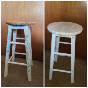 before and after redecorating a wooden stool with white paint and book pages