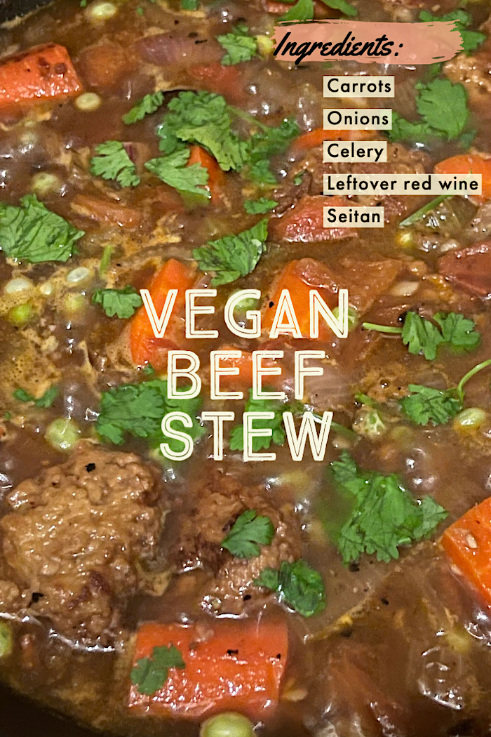 vegan beef stew with caption listing ingredients.