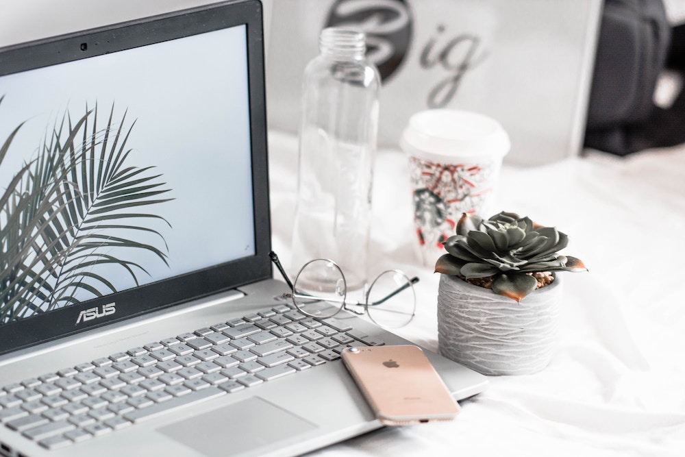 a laptop on a white desk, next to a pot of succulents, a coffee cup, and a cell phone. 