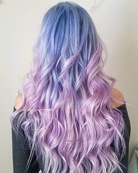 A woman with perriwinkle and lavender ombré colored hair shown from the back. 