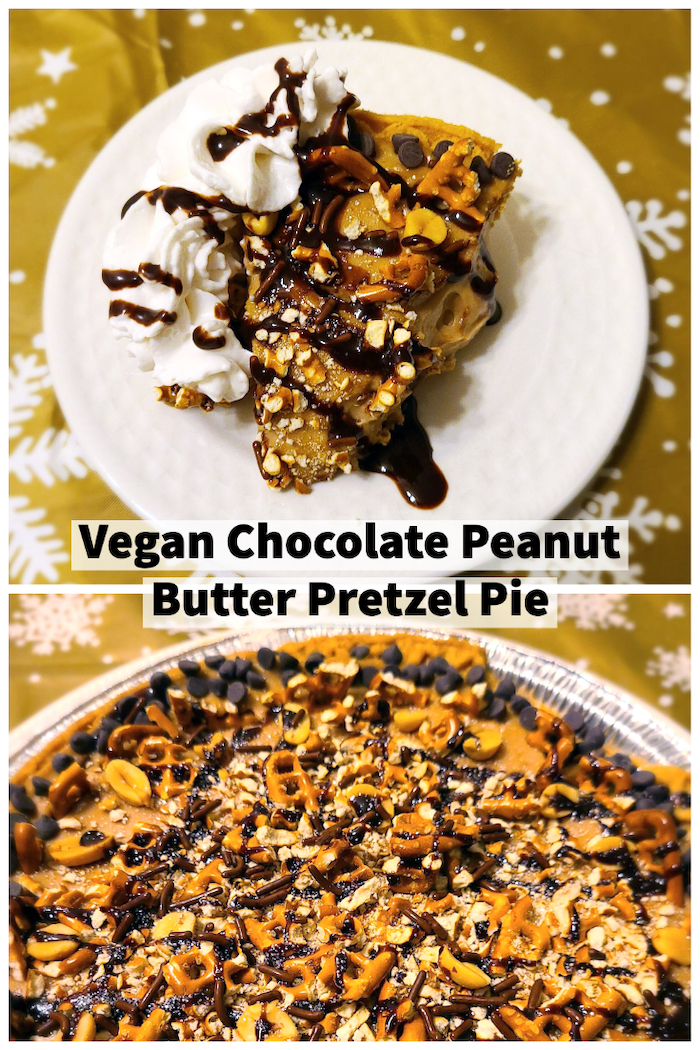 a composite vertical image of a slice of vegan chocolate peanut butter pretzel pie and a close-up of a whole pie, cropped near the top third. There is a caption saying vegan chocolate peanut butter pretzel pie.
