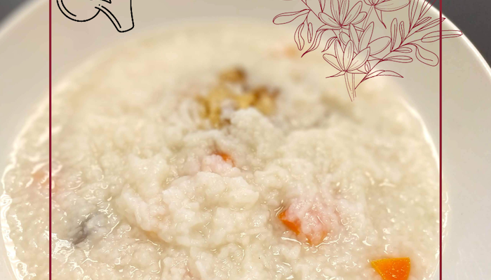 vegan chinese congee picture overlaid with cute vegetable line drawings.