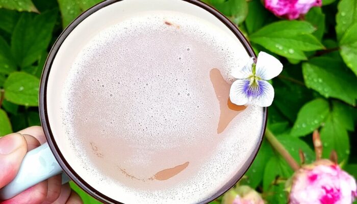 nettle latte with foam, garnished with a violet, against a green and pink floral bush.