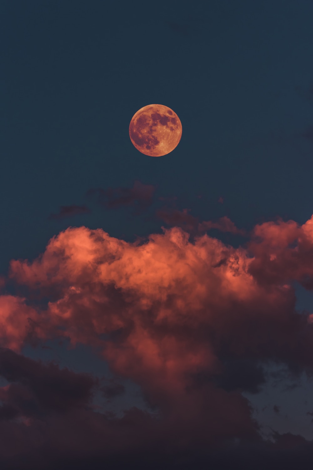 full moon above red clouds on a dark night sky