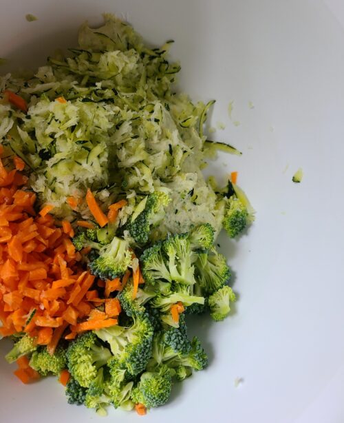 zucchini, broccoli, and carrots in a tofu mixture