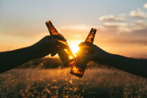 Clinking beer bottles at sunset, in an open field of grain